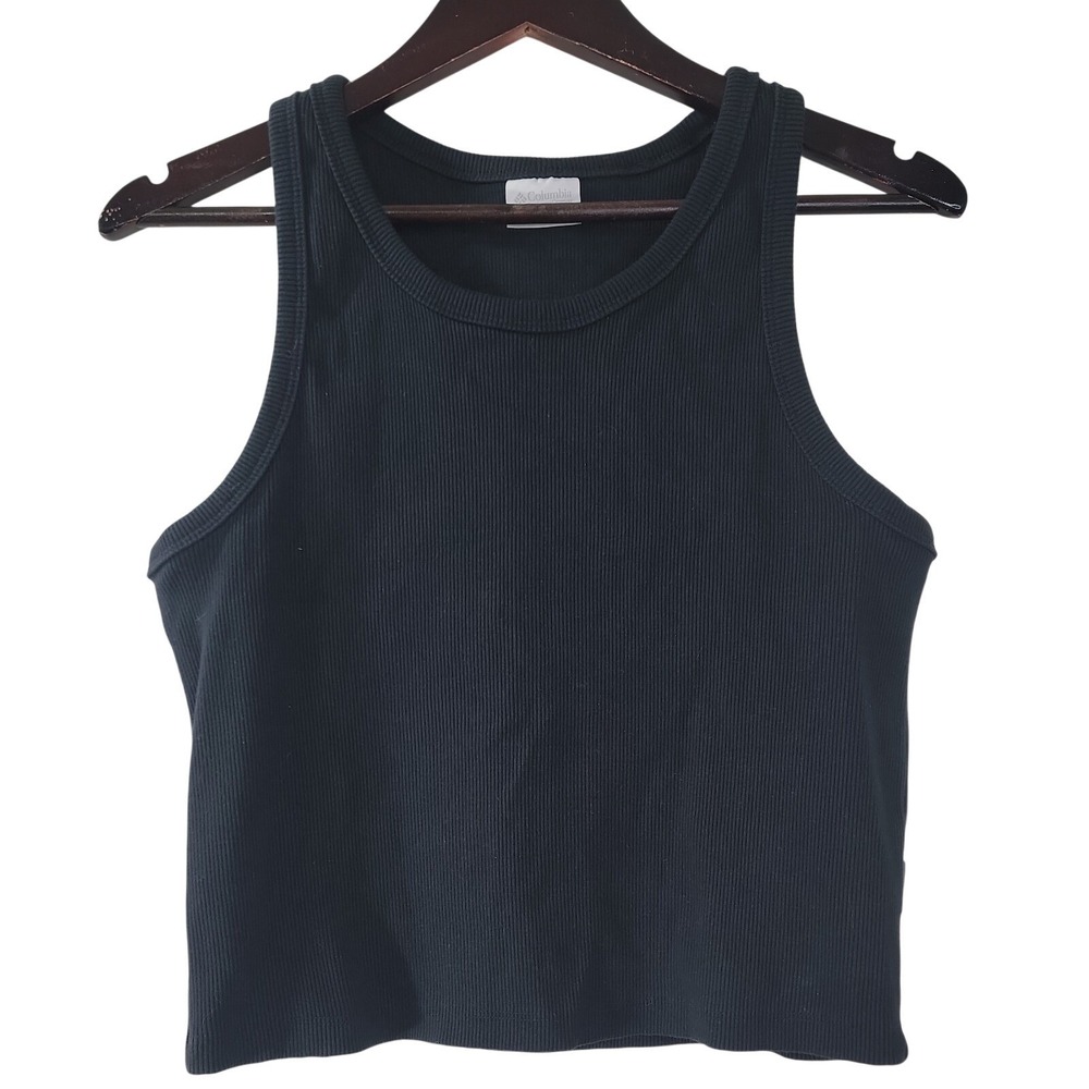 Columbia Womens Medium Black Ribbed Cotton Blend Stretch Fitted Crop Tank Top